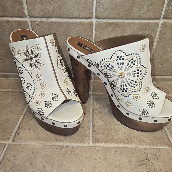 Roberto Cavalli Shoes - Roberto Cavalli Cream Embellished Beaded Women's Clog Mule Peep Toe Heels